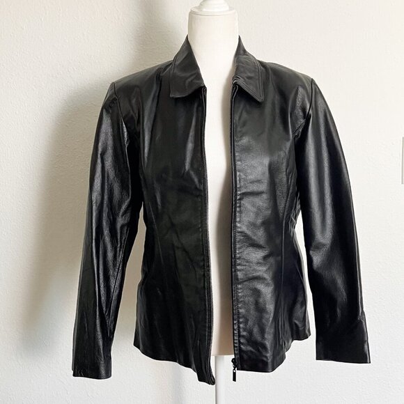 Vintage Leather Jacket with Shoulder pads Moto Classic Black Size Medium Petite - Picture 1 of 8